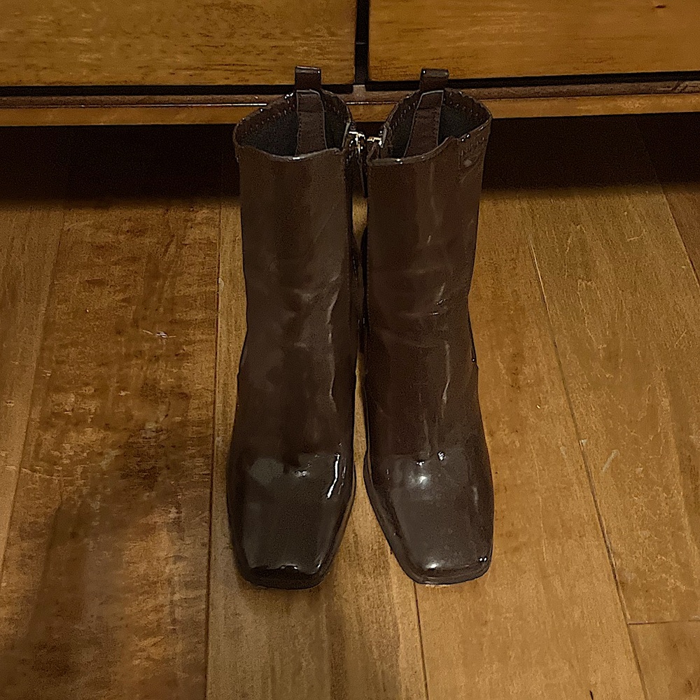 ALDO WOMEN’S FIDELLA PATENT LEATHER HEEL BOOTIES, SIZE US 8 (EU 38.5), BROWN